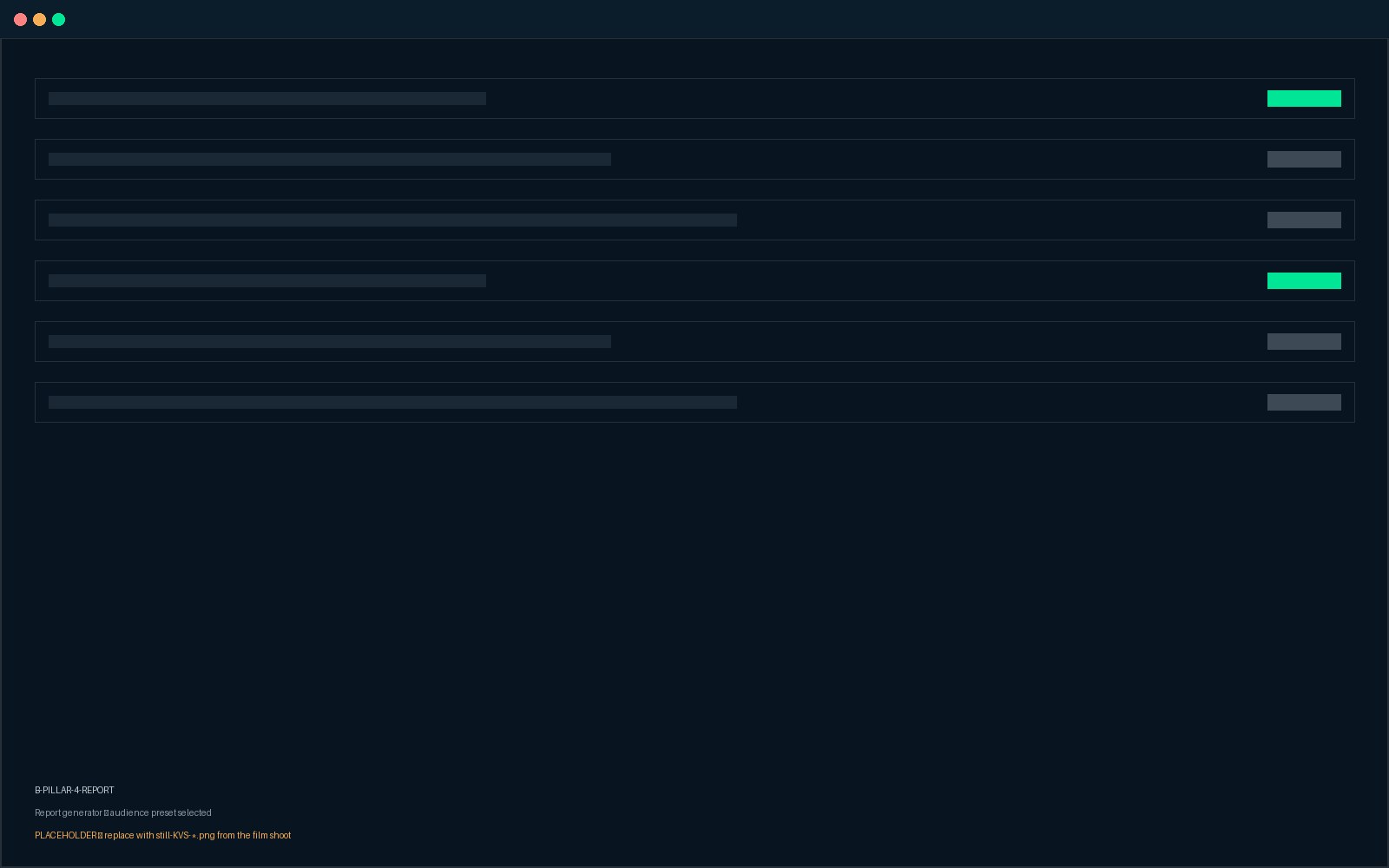 Report generator dialog with an audience preset selected and the generate control being pressed