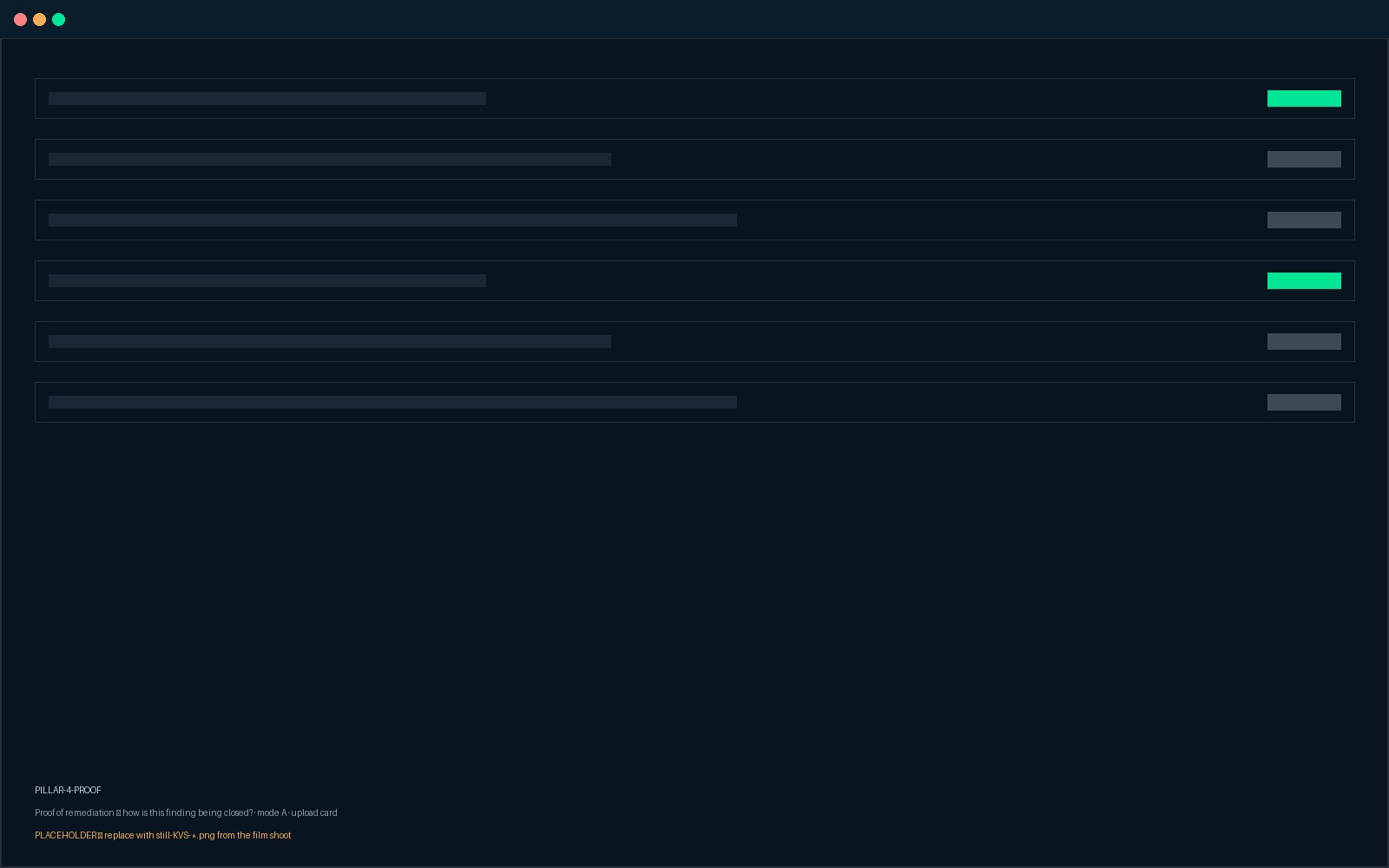 Proof-of-remediation panel: 'how is this finding being closed?', mode A 'eliminated at source', SBOM upload card