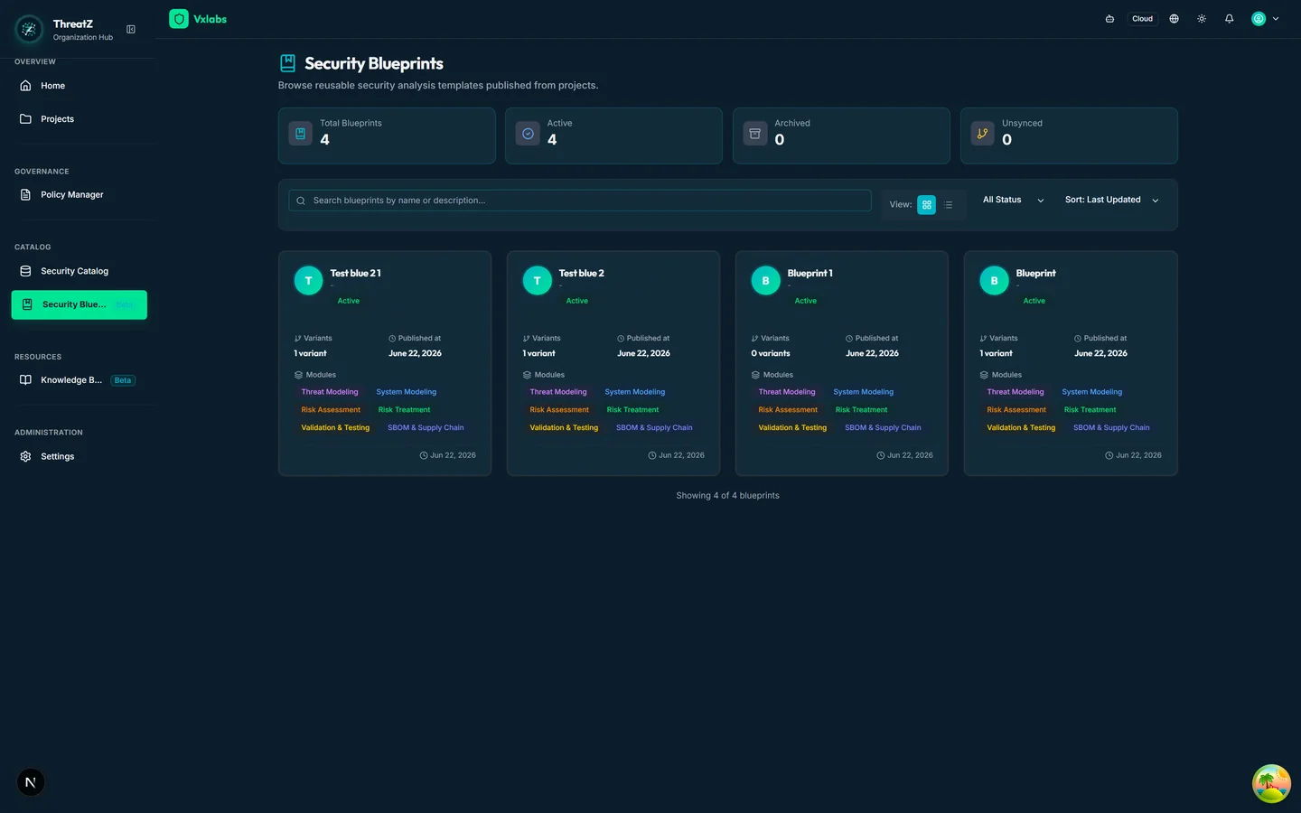 ThreatZ Security Blueprints library — reusable security-analysis templates published from projects, with modules, variants and status.