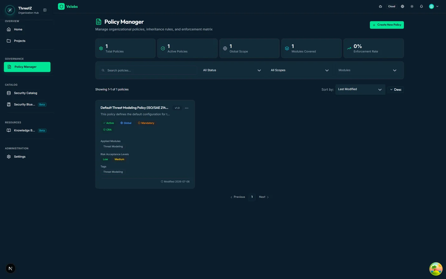 ThreatZ Policy Manager — organization governance policies and gates that decide which controls and reviews apply per project.